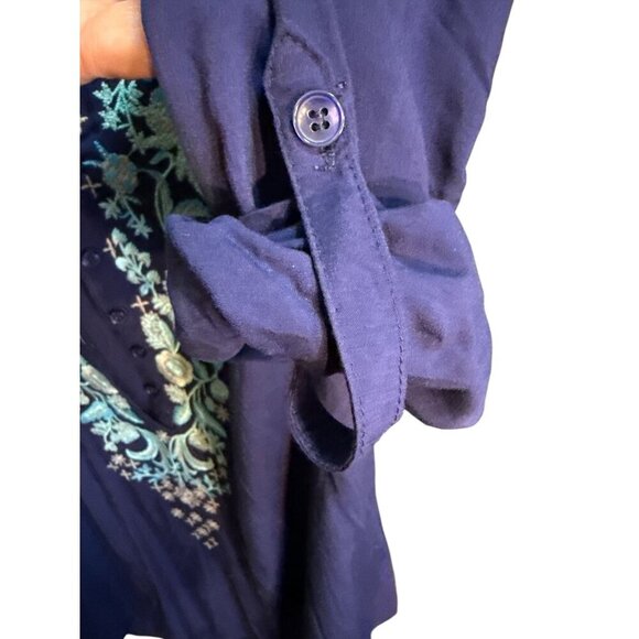 Solitaire Top Tunic Women M Blue Floral Boho Relaxed Embroidered Button NWT - Picture 3 of 8
